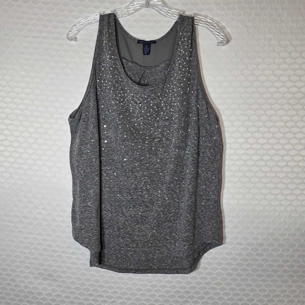 Westbound Woman 1X Gray Heather Sequin Tank Top Sheer Back Yoke Sleeveless